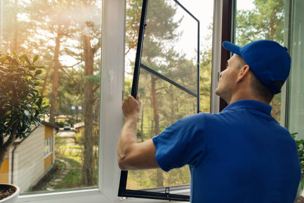 worker installing mosquito net wire screen on house window