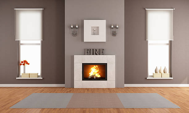 Modern living room with fireplace and two vertical windows - rendering